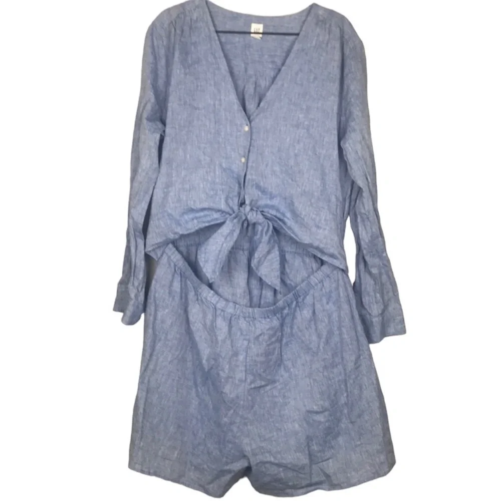 GAP blue linen blend tie front romper